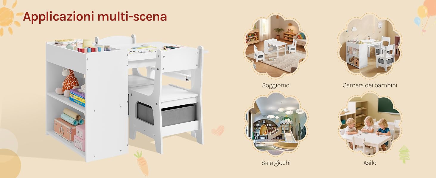 Il testo è 'Applicazioni multi-scena'. Diverse scene interne che mostrano la disposizione dei mobili e gli spazi abitativi in tonalità calde e neutre.