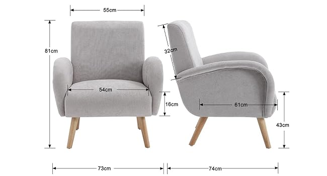 Light gray upholstered armchair with wooden legs.