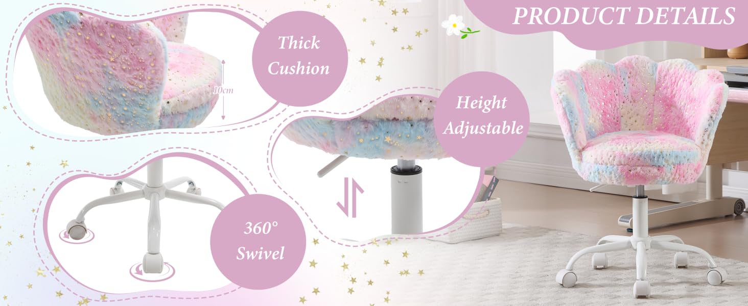 Office chair setup with pink and white marble-patterned design elements, including desk chair and decorative accessories.
