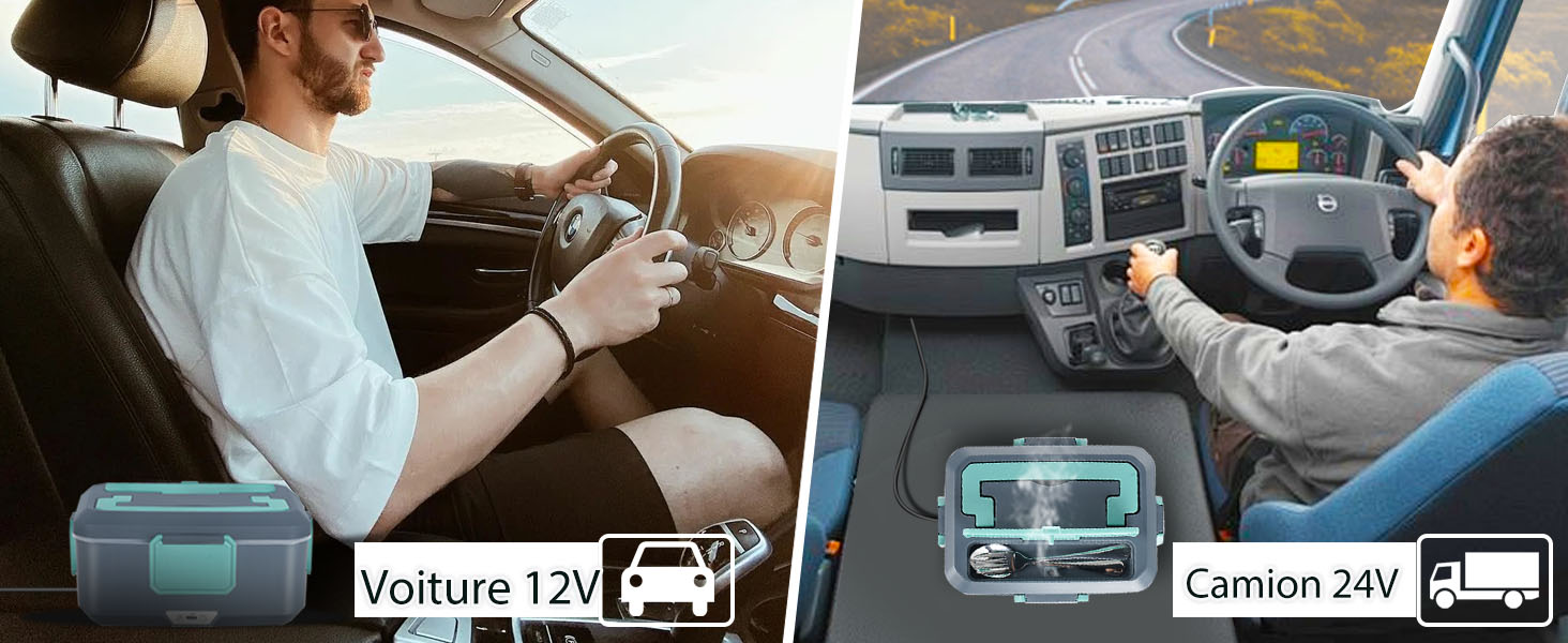 Image divisée montrant l'utilisation du chargeur de voiture dans deux véhicules, étiquetée avec des indicateurs de compatibilité 12 V et 24 V, démontrant la capacité de charge à double tension