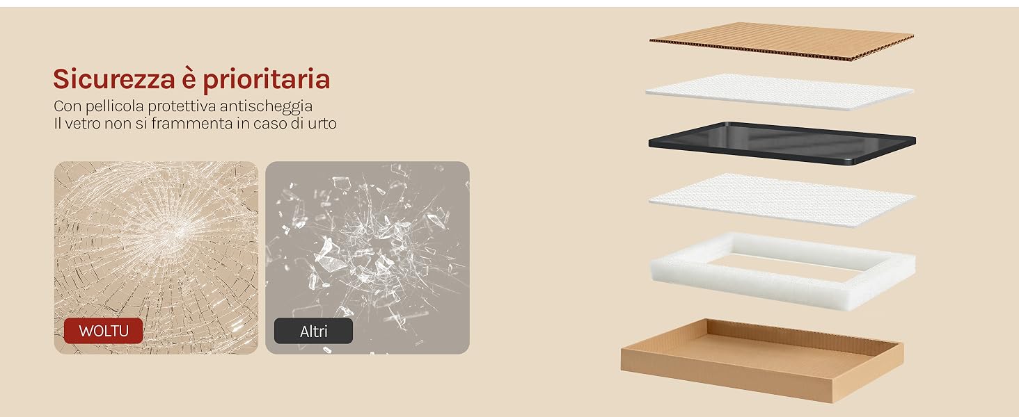 Il testo recita «Sicurezza è prioritaria» con informazioni sul prodotto in italiano. Composito che mostra quattro ripiani sovrapposti in diversi colori: beige/crema, grigio scuro, blu chiaro e tonalità del legno naturale, che illustra le diverse opzioni di materiale.