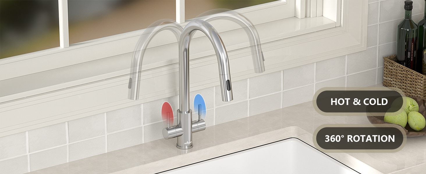 Text reads 'HOT &amp; COLD' and '360° ROTATION'. Kitchen faucet installation view showing temperature controls and swivel functionality.
