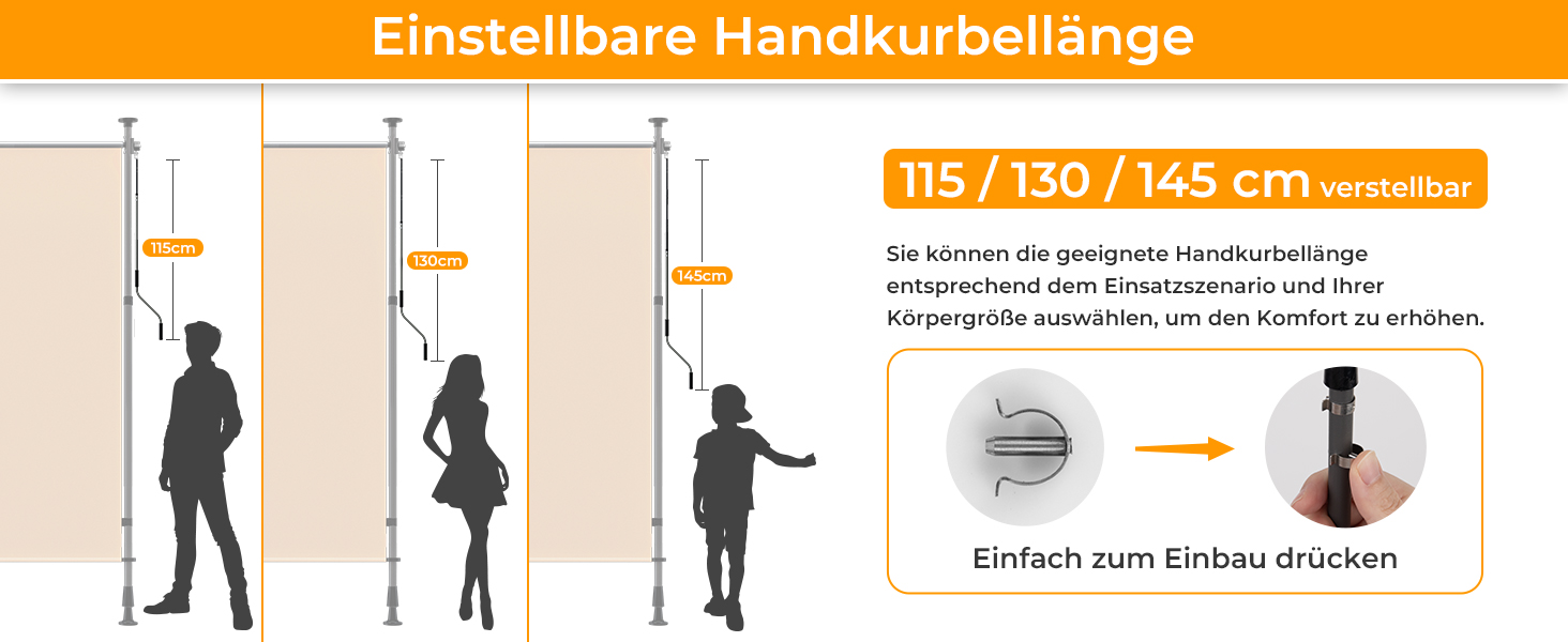 Der Text lautet „Einstellbare Handkurbellänge“. Technisches Diagramm, das die verstellbaren Griffpositionen mit Maßangaben und menschlichen Silhouetten zeigt.