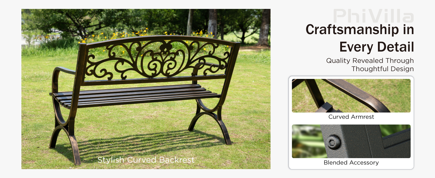 Text reads 'Craftsmanship in Every Detail'. Product shots of an ornate outdoor park bench with decorative cast iron ends and wooden slats in garden setting.