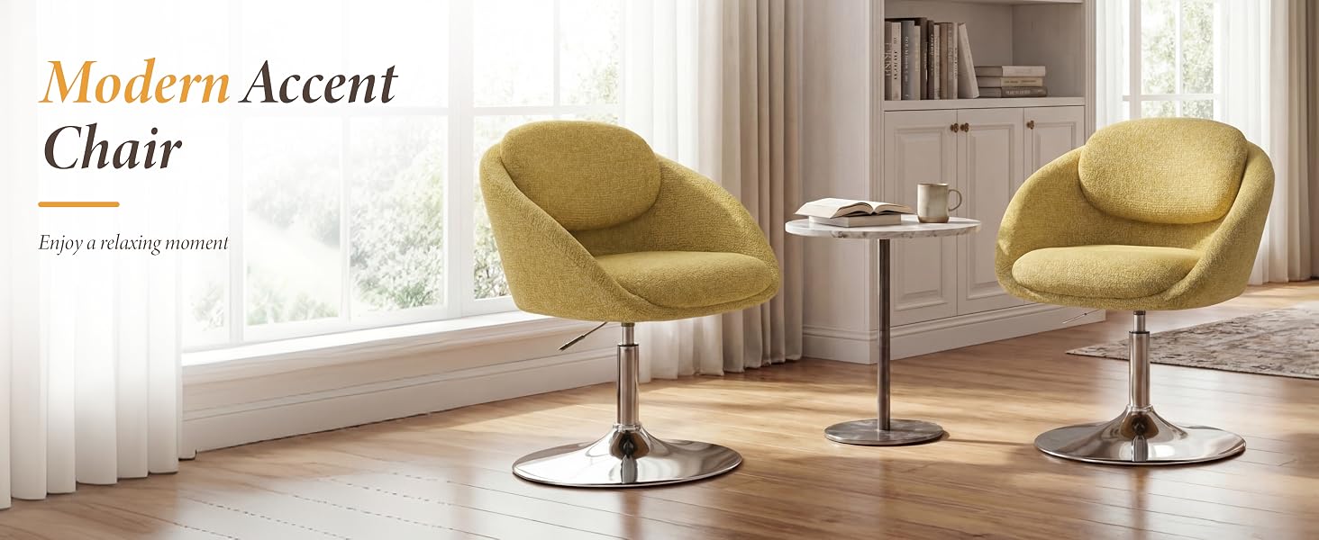 Text reads 'Modern Accent Chair'. Two mustard yellow upholstered swivel chairs with curved backs and adjustable height bases, positioned near window with sheer curtains.