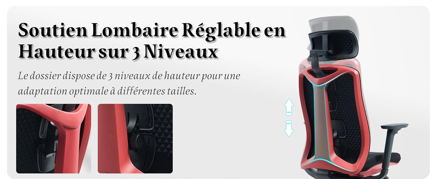 Le texte indique « Soutien Lombaire Réglable en Hauteur sur 3 Niveaux ». Images du produit montrant un dispositif de soutien dorsal ergonomique rouge et noir sous plusieurs angles.
