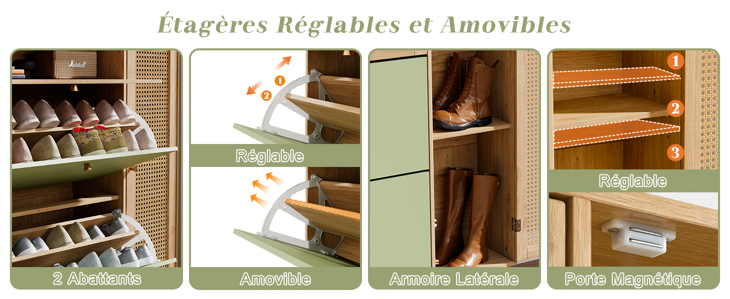 Le texte se lit comme suit : « Étagères réglables et amovibles ». Collection d'images montrant les composants du système de rayonnage ajustable et le processus d'installation.