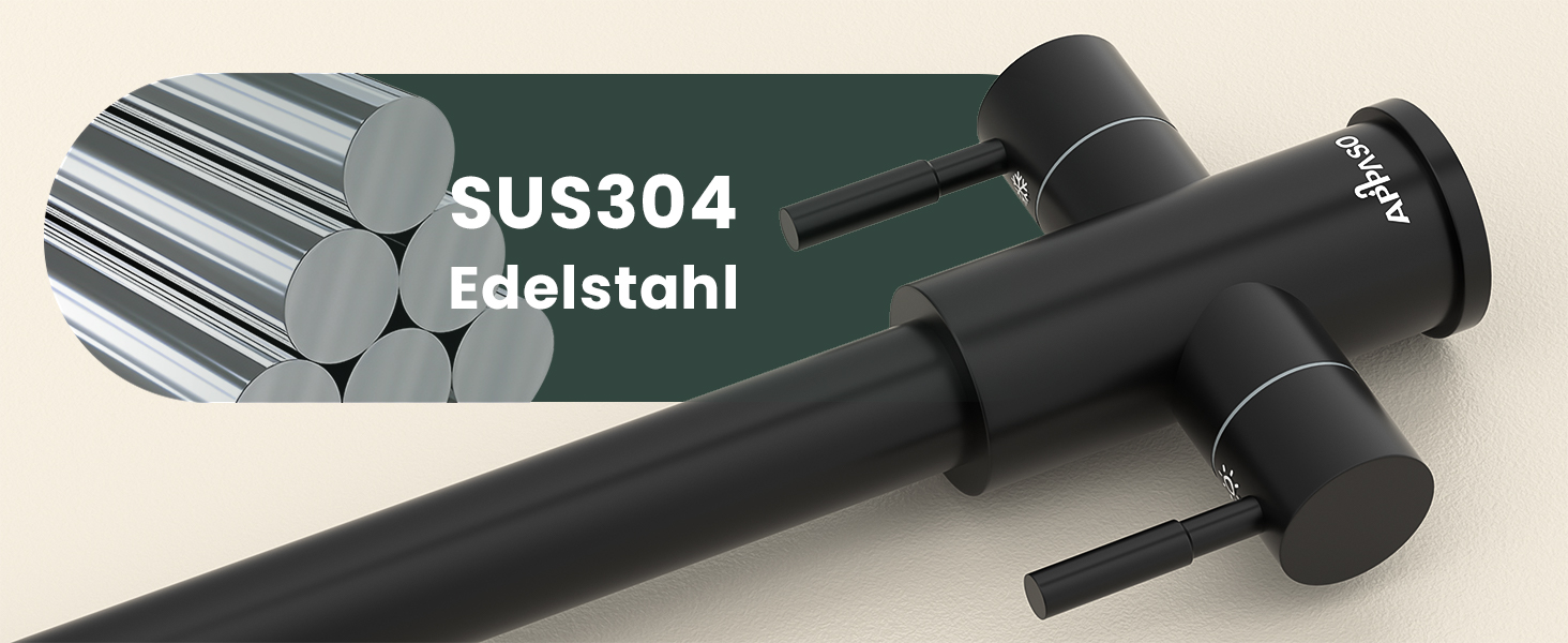 Text reads 'SUS304' and 'Edelstahl'. Multiple views of black industrial-style shower head or sprayer attachment with matte finish.