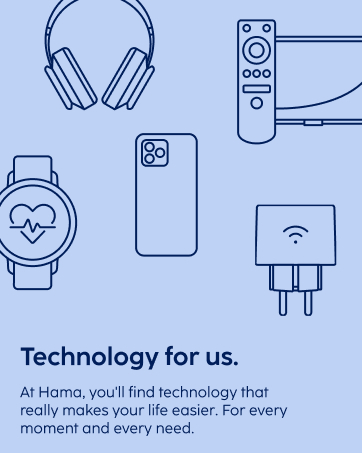 Text reads 'Technology for us.' and 'At Hama, you'll find technology that really makes your life easier. For every moment and every day.' Blue-tinted illustration with technology icons.