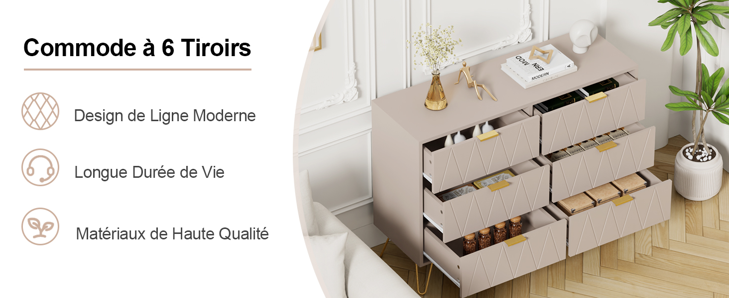 Le texte indique « Commode à 6 tiroirs », « Design de Ligne Moderne », « Longue Durée de Vie », « Matériaux de Haute Qualité ». Rendu 3D d'un meuble à tiroirs moderne.
