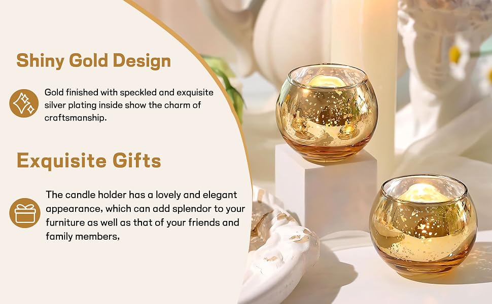 Dos candelabros redondos de vidrio dorado con interiores moteados. Los candelabros se presentan sobre una superficie blanca junto a objetos decorativos, lo que realza su elegante diseño, perfectos para regalar.