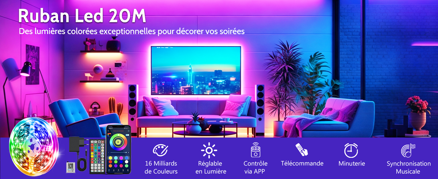 Le texte indique « Ruban Led 20M ». Salle de jeu éclairée au néon avec bandes LED RGB dans les tons rose, bleu et violet. Configuration de bureau avec moniteurs, plantes et installation d'éclairage d'ambiance coloré.