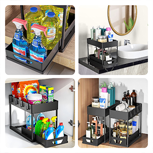 avec produits de nettoyage.
[SENTENCE 13] L'étagère supérieure contient des flacons pulvérisateurs et des boîtes, l'étagère inférieure contient des bouteilles plus grandes.
[SENTENCE 14] Conçu pour le rangement sous l'évier ou dans une armoire