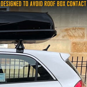 Text reads: 'DESIGNED TO AVOID ROOF BOX CONTACT'. Close-up views of vehicle roof rack or mounting system showing clearance design features.