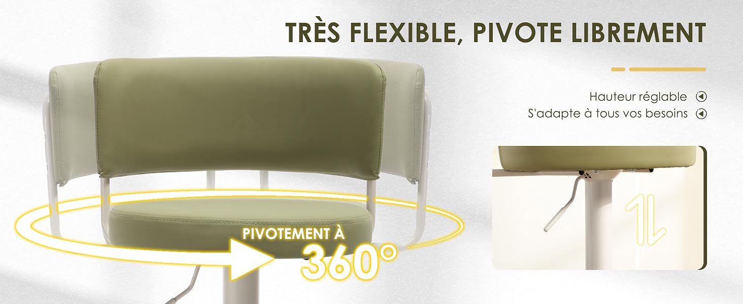 Le texte indique « TRÈS FLEXIBLE, PIVOTE LIBREMENT » (Très flexible, pivote librement), « Hauteur réglable à l'écoute de vos besoins » (Hauteur réglable pour répondre à vos besoins). Chaise en forme de tonneau vert sauge avec base pivotante illustrée par des flèches dimensionnelles.