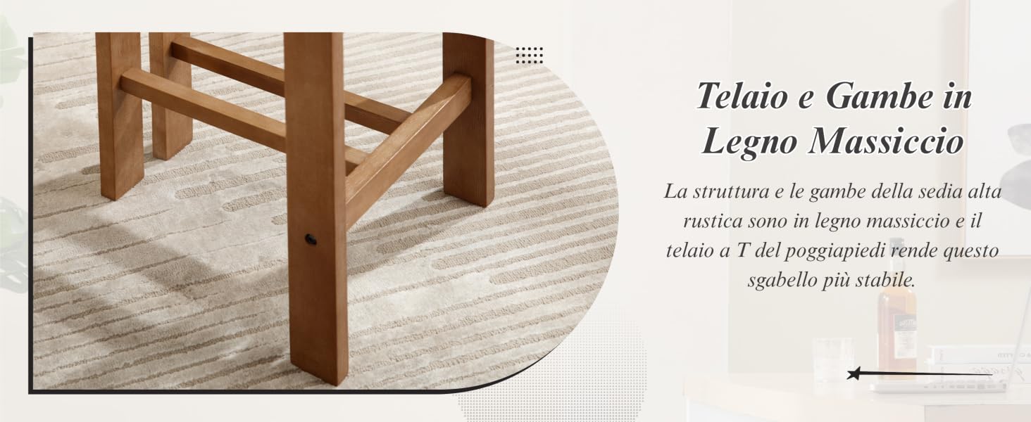 Gambe di tavolo o sgabello in legno su un tappeto rotondo di colore chiaro. Il mobile ha gambe spesse di forma quadrata in legno massello, che mostrano una struttura robusta