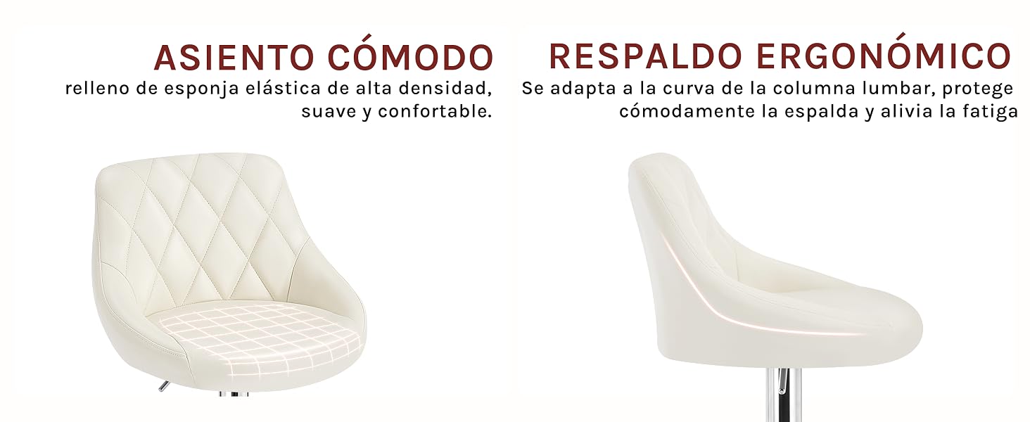 Dos sillas de oficina acolchadas blancas con diseños ergonómicos. La silla izquierda tiene tapicería con estampado de diamantes y base redonda. La silla derecha cuenta con un respaldo curvo para brindar soporte lumbar