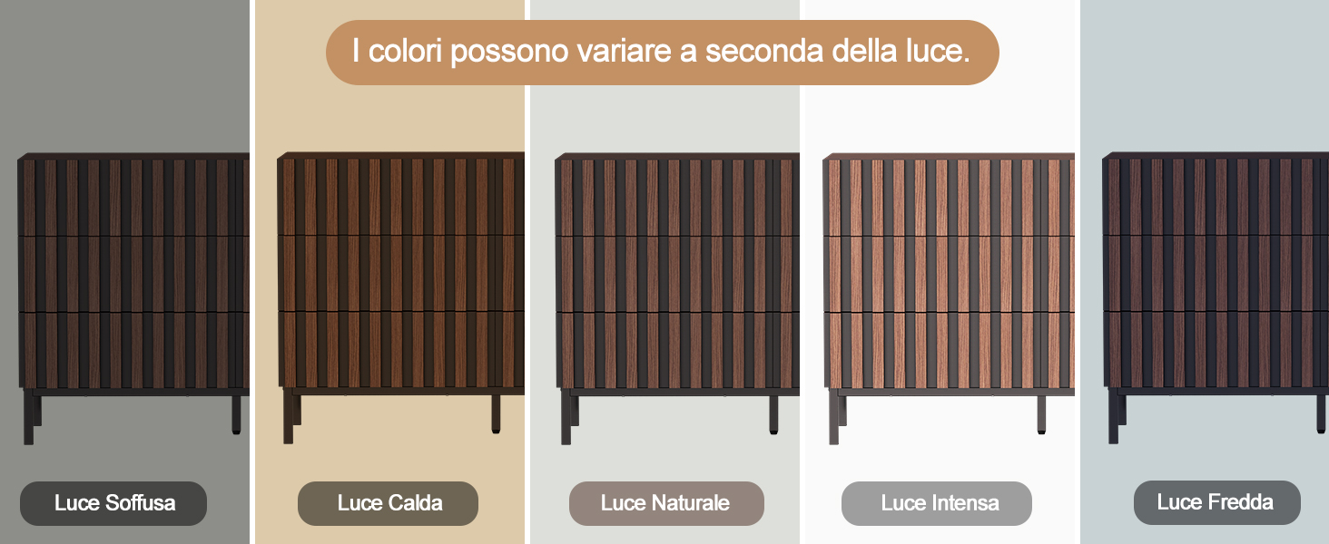 Il testo recita «I colori possono variare a seconda della luce» e i nomi dei colori «Lupo Scuro», «Lupo Caldo», «Lupo Mandarino», «Lupo Interno», «Lupo Profondo». Cinque campioni di tessuto o materiale a costine verticali in diverse tonalità di marrone visualizzati in fila.