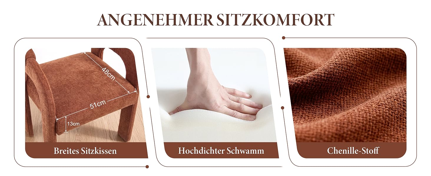 Der Text lautet „ANGENEHMER SITZKOMFORT“. Drei Detailaufnahmen der Merkmale eines Sessels, auf denen Folgendes zu sehen ist: „Rustio Sitzkissen“ (Rustikales Sitzkissen), „Hochdichter Schaum“ (Schaum mit hoher Dichte) und die Textur „Chenille-Stoff“ (Chenille-Stoff).