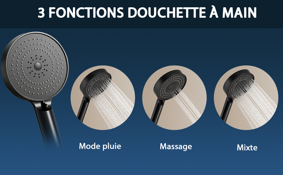 Trois objets circulaires présentés en séquence, étiquetés « Mode plus », « Massage » et « Mute », illustrant les différentes fonctions du produit.