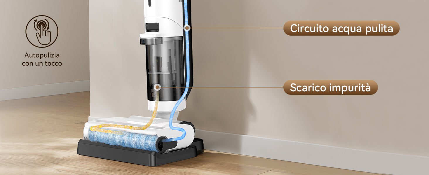Dispositivo robotico per la pulizia dei pavimenti con serbatoio di acqua limpida e scarico separato delle impurità. Dispone di funzionamento automatico e sistema a doppio circuito per la raccolta di acqua pulita e rifiuti