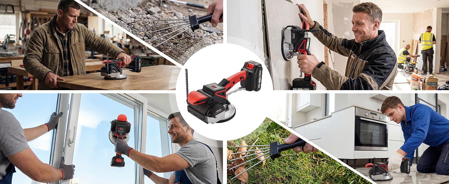 Plusieurs images montrant ce qui semble être des travaux de rénovation intérieure ou de construction, avec des travailleurs utilisant des outils et de l'équipement dans divers contextes.