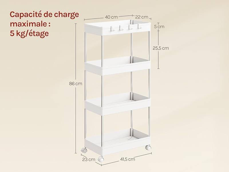 Le texte indique « Capacité de charge maximale : 5 kg/étage ». Schéma du produit montrant les dimensions d'une étagère de rangement blanche à 4 niveaux avec des mesures détaillées pour la largeur, la hauteur et la profondeur.