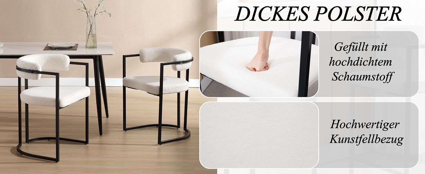 Der Text lautet „DICKES POLSTER“ und „Gefüllt mit Kunstfellbezug“. Bilder zeigen gepolsterte Möbelstücke mit deutschem Text, der eine dicke Polsterung und einen Kunstfellbezug beschreibt.