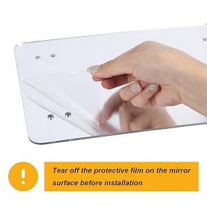 Text reads: 'Tear off the protective film on the mirror' and 'surface before installation'. Series of images showing hands removing protective film from a clear or mirrored surface.
