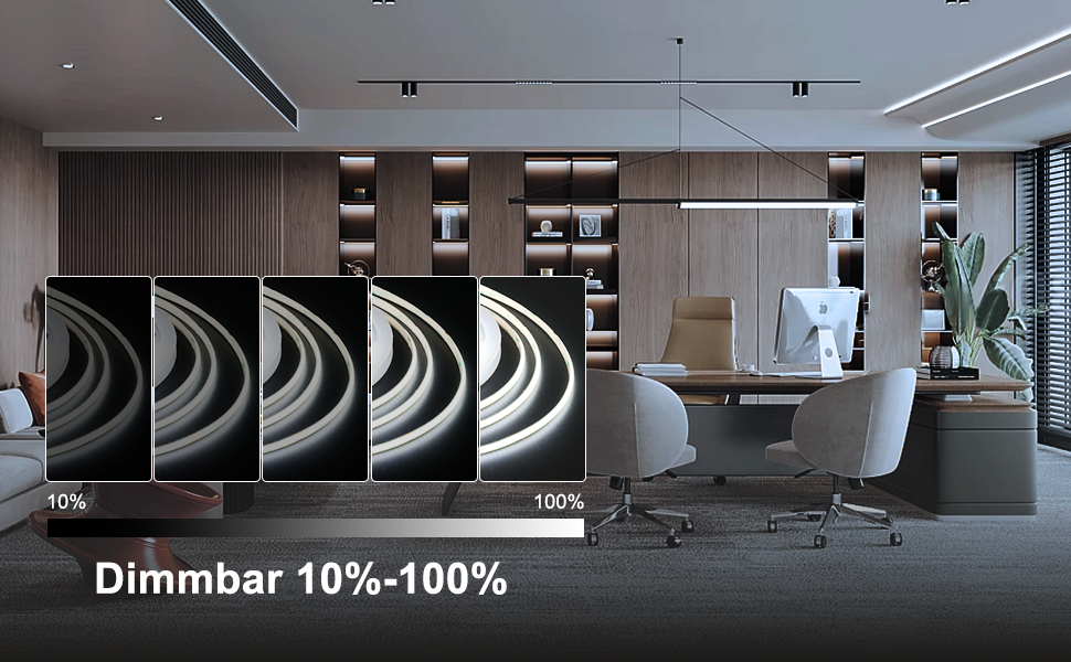 Modernes Büro mit dimmbaren Lichtpaneelen mit Helligkeitsstufen von 10 bis 100%. Eleganter Schreibtisch, weiße Stühle und holzgetäfelte Wände mit sichtbaren eingebauten Regalen