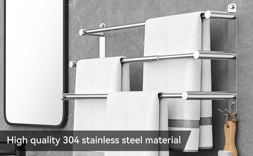 Porte-serviettes à plusieurs niveaux avec trois barres horizontales, monté sur un mur gris. Fabriqué en acier inoxydable 304 de haute qualité.