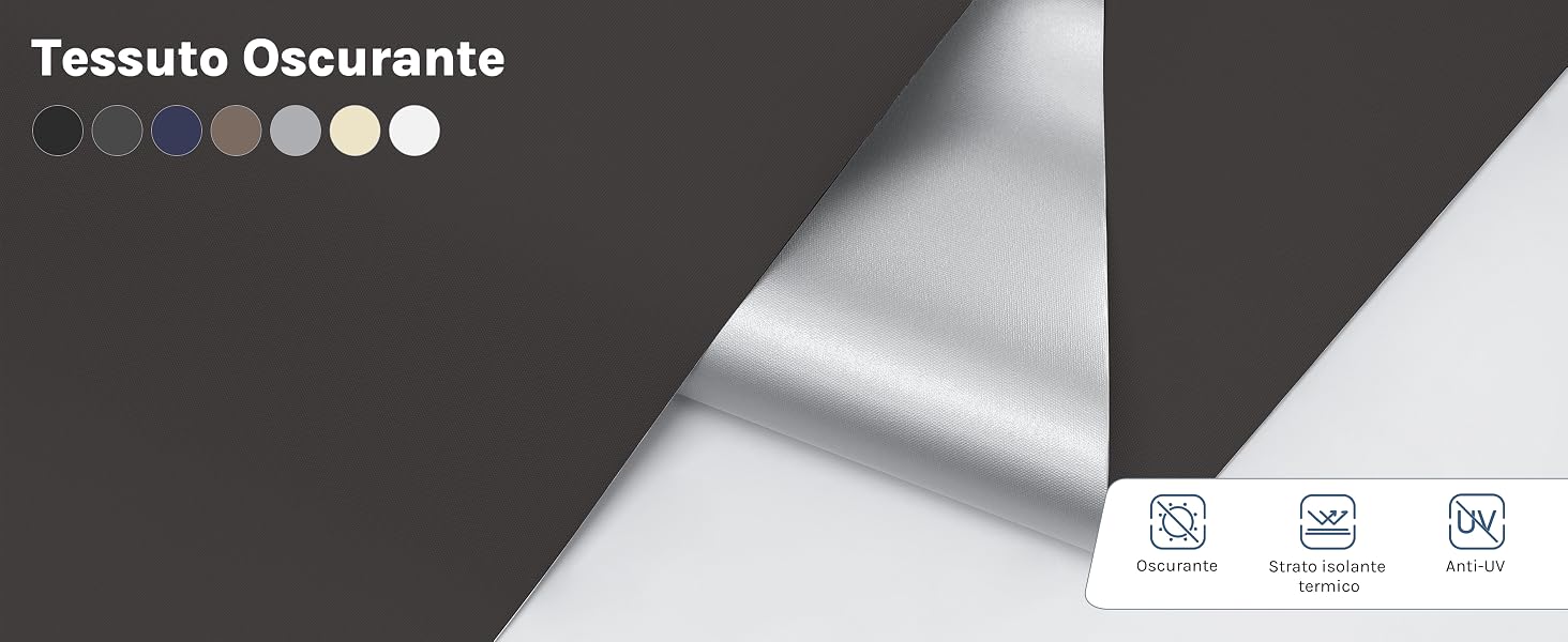 Il testo dice 'Tessuto Oscurante'. Pannelli multipli che mostrano campioni di tessuto o materiale in bianco e nero con icone che indicano le caratteristiche del prodotto.