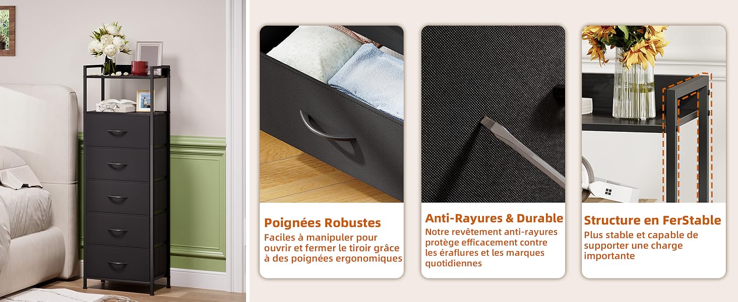 Composite illustrant quatre applications du produit : grande unité de rangement noire à l'intérieur de la maison (à gauche) ; gros plan d'une surface texturée noire avec une étiquette en orange (centre-gauche) ; détail texturé foncé (centre-droit) ; étagères avec des objets décoratifs (à droite).