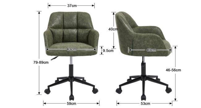 Schéma des dimensions techniques du produit d'une chaise ou d'un fauteuil de bureau vert olive, montrant plusieurs angles avec des mesures en millimètres pour la hauteur, la largeur et la profondeur.