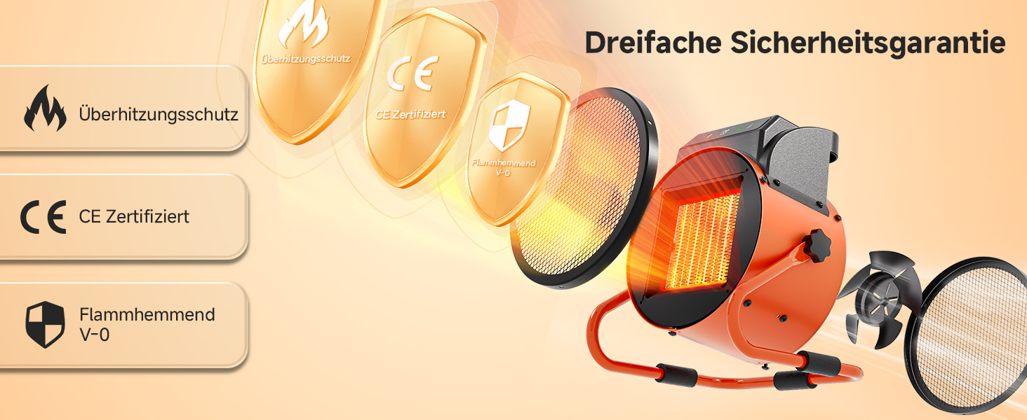 Der Text lautet „Dreifache Sicherheitsgarantie“ und „CE Zertifiziert“. Einzelheiten zur Produktsicherheitszertifizierung werden mit Symbolen und Text auf orangefarbenem Hintergrund angezeigt.