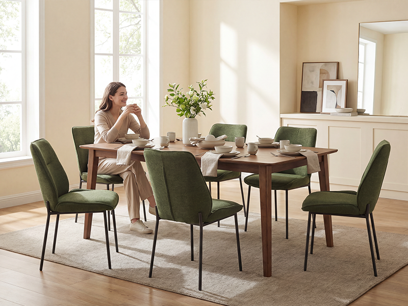 Salle à manger avec table ronde en bois foncé et quatre chaises vertes rembourrées, posée sur un tapis neutre avec miroir mural et accessoires décoratifs.
