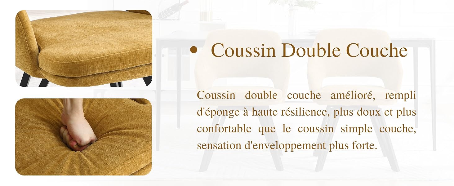 Le texte indique « Coussin Double Couche ». Photos du produit montrant un coussin ou un coussin beige avec des vues rapprochées détaillées de sa construction en couches et de la texture de sa surface.