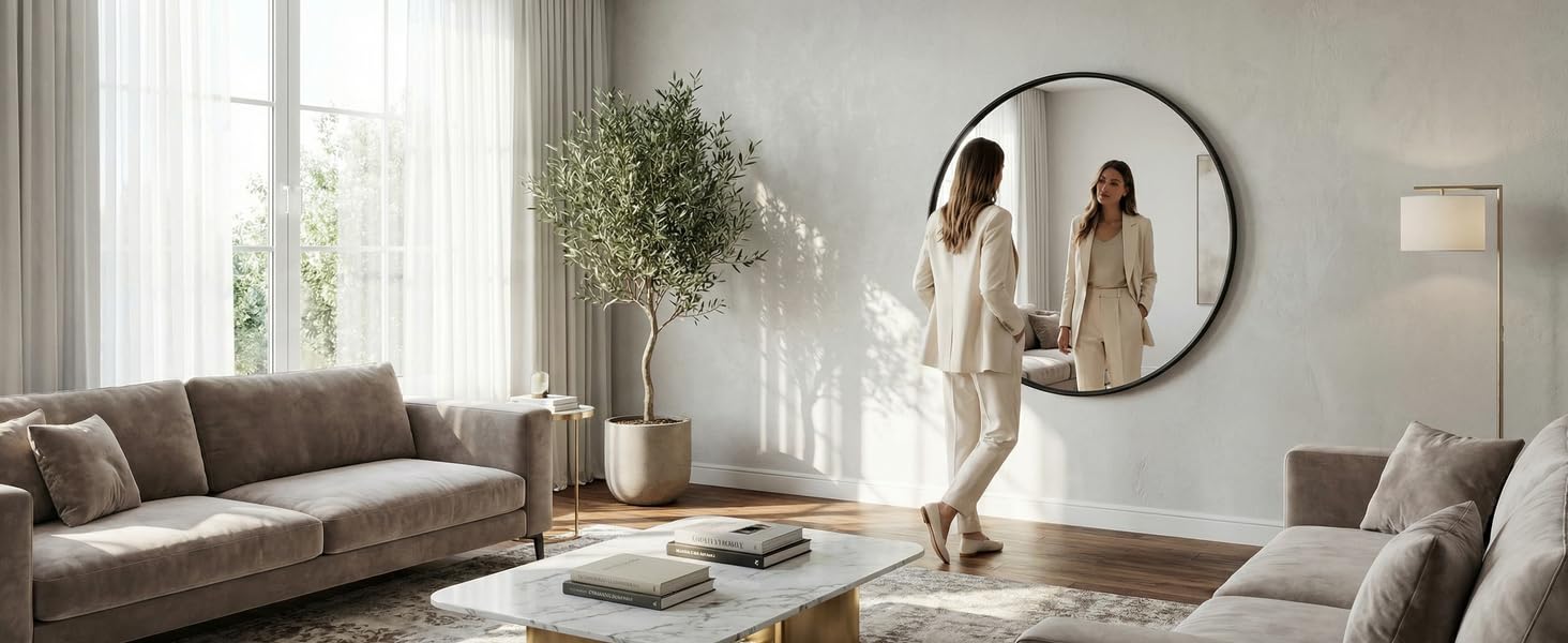 Modern living room interior with white walls, large windows, beige sectional sofa, round mirror, and natural light streaming in.