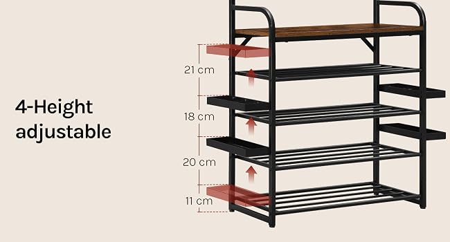 Text reads '4-Height adjustable'. Metal shoe rack with four horizontal shelves, copper/rose gold frame, height adjustment markers on side supports.