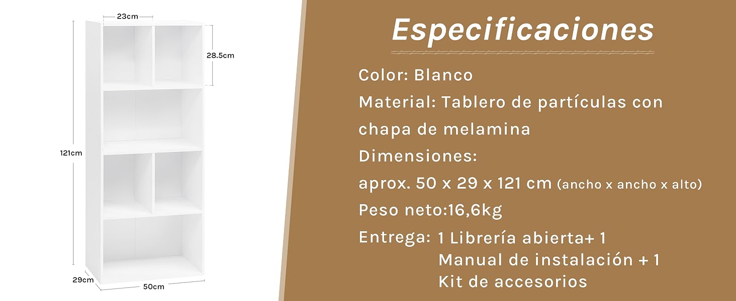 Librería blanca abierta con cinco estantes. Especificaciones enumeradas: tablero de partículas con revestimiento de melamina, dimensiones 50 x 29 x 121 cm, peso 16,6 kg. Incluye manual de