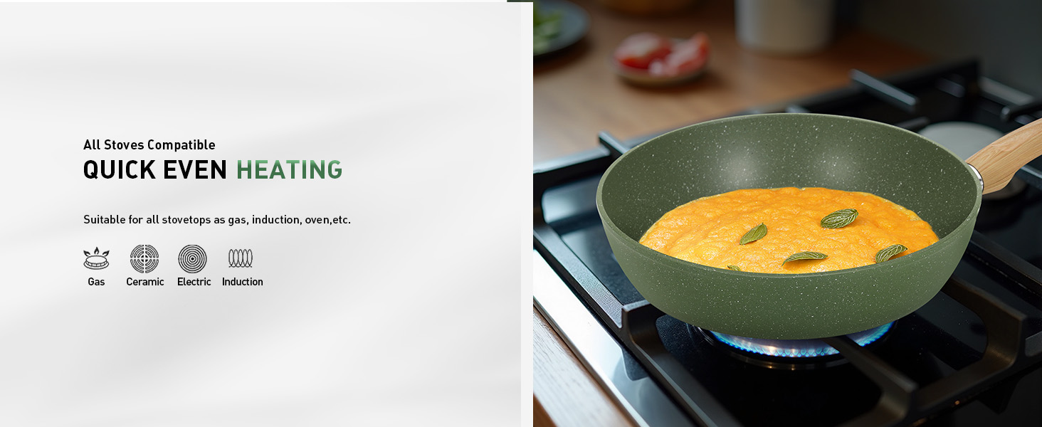 Green ceramic pan on stovetop containing orange soup or sauce. Text above mentions 'Quick Even Heating'.