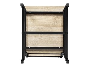 Three-tiered wooden display shelf or rack with black frame. Features natural wood finish shelves and minimalist design.