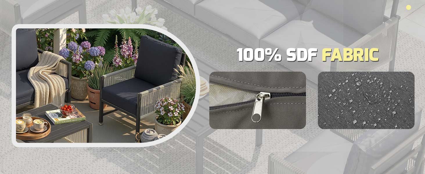 Text reads '100% SDF FABRIC'. Series of images demonstrating water-resistant fabric properties with water beading on surface and various outdoor applications.