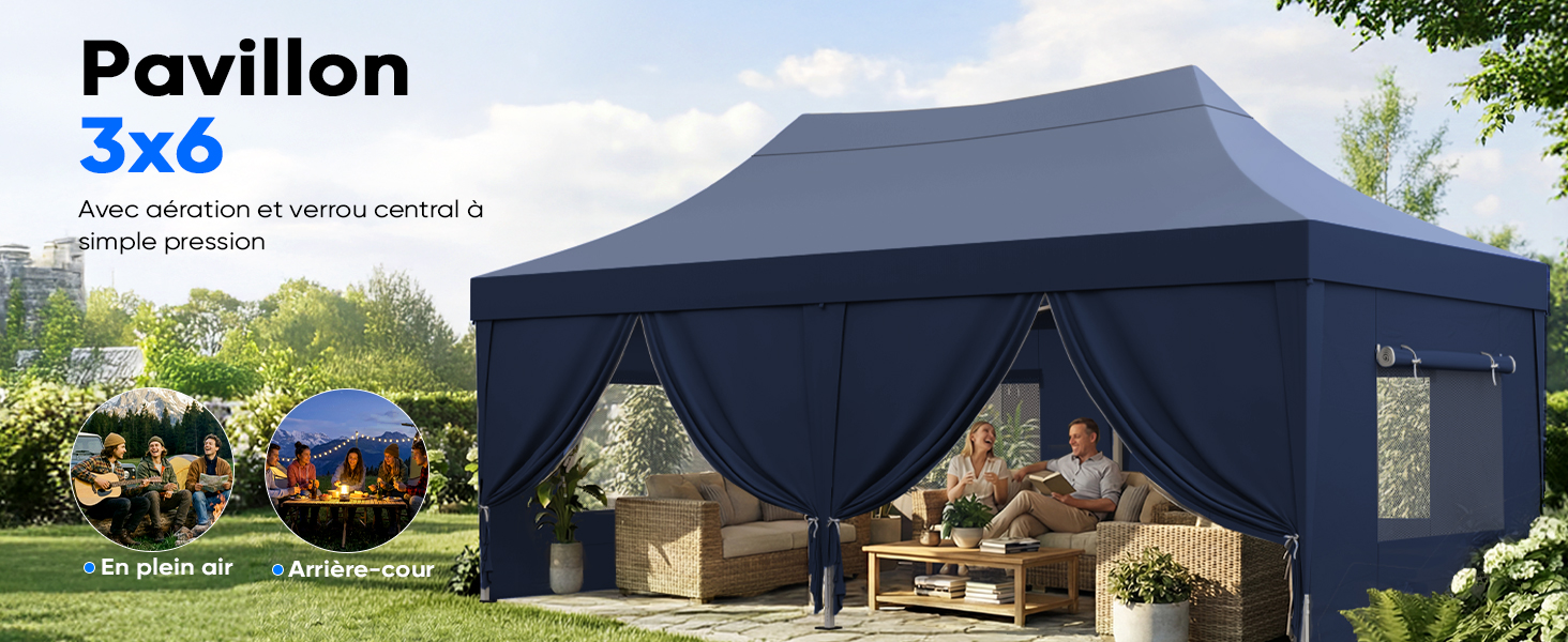 Le texte indique « Pavillon 3x6 ». Plusieurs images d'une tente à baldaquin escamotable bleue présentée à l'extérieur, illustrant la configuration et l'utilisation.