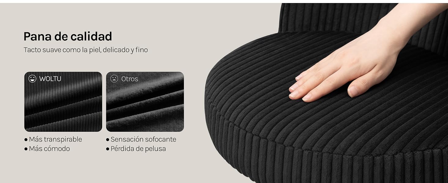 El texto dice «Para de calidad» «Elegir el material adecuado es importante». La superficie textil acanalada negra que se toca con la mano demuestra características táctiles y de calidad.