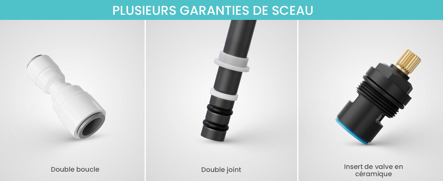 Le texte se lit comme suit : « PLUSIEURS GARANTIES DE SCEAU ». Série d'images de produits montrant différents mécanismes d'étanchéité et connecteurs en finition noire et métallique sur fond blanc.