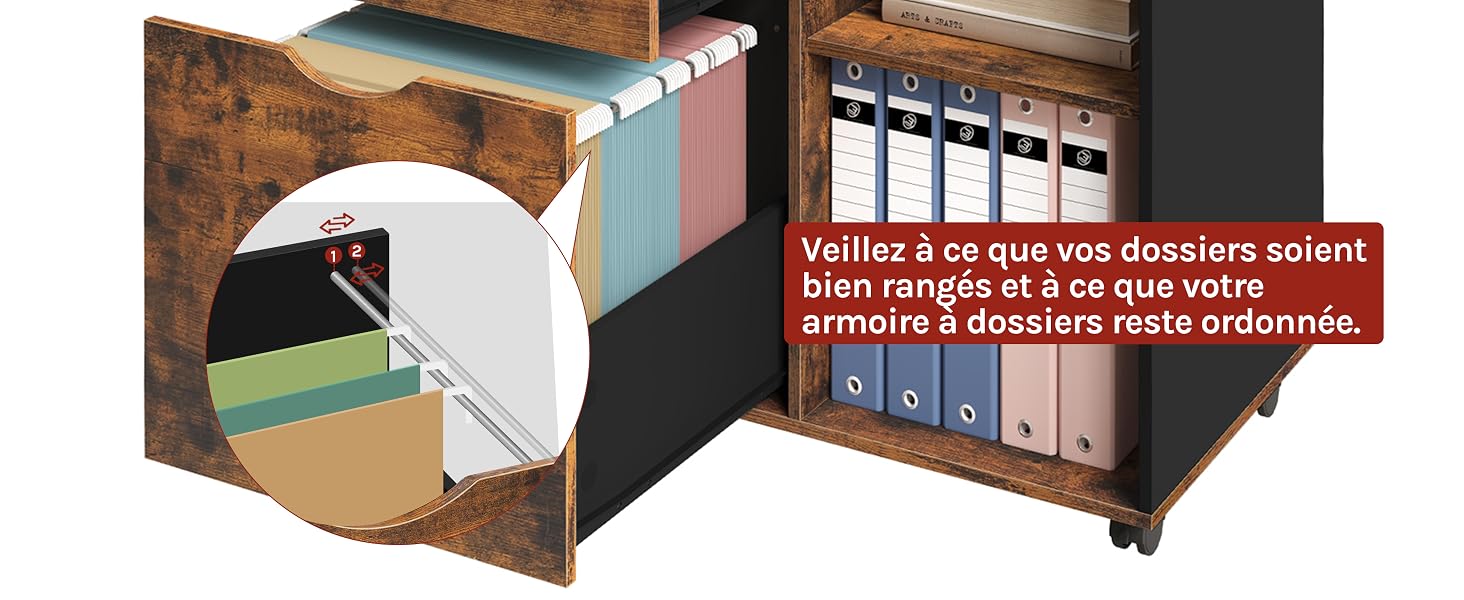 caisson bureau meuble rangement armoire 3 tiroirs 2 compartiments casiers ouverts 5 roulettes mobile