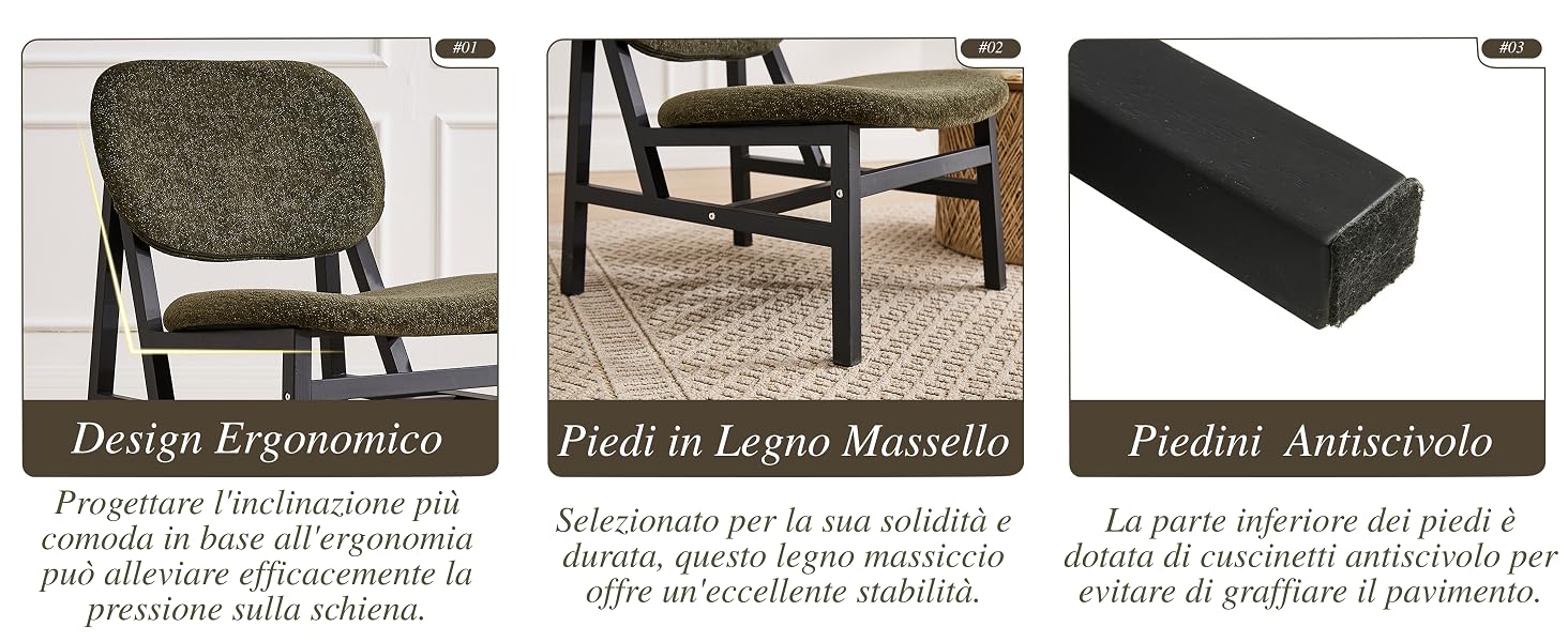 Il testo recita «Design Ergonomico», «Piedi in Legno Massiccio», «Piedini Antiscivolante». Un'altra serie di immagini ripetute dei dettagli dei mobili.