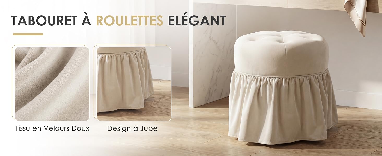 Le texte indique « TABOURET À ROULETTES ÉLÉGANT » (Tabouret à roulettes élégant). Tabouret ottoman rond rembourré crème/beige sur roulettes, présenté sous différents angles avec une texture de velours.