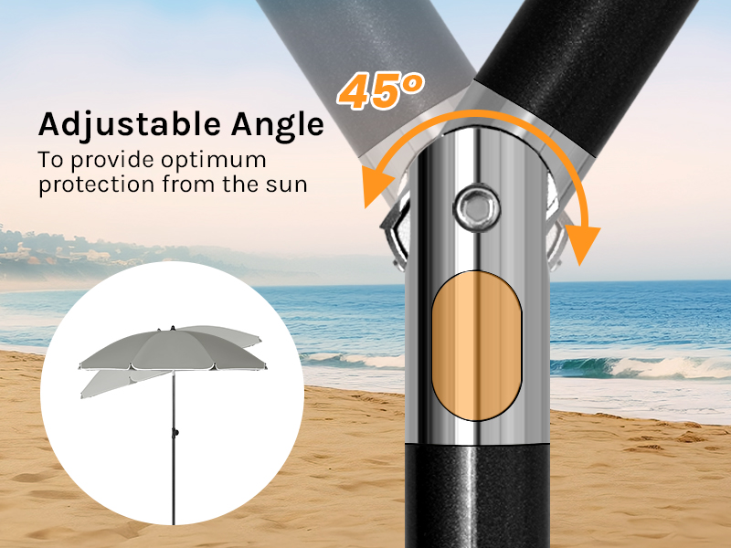 Beach umbrella joint mechanism showing 45-degree adjustable angle feature for optimal sun protection, with beach scene in background.
